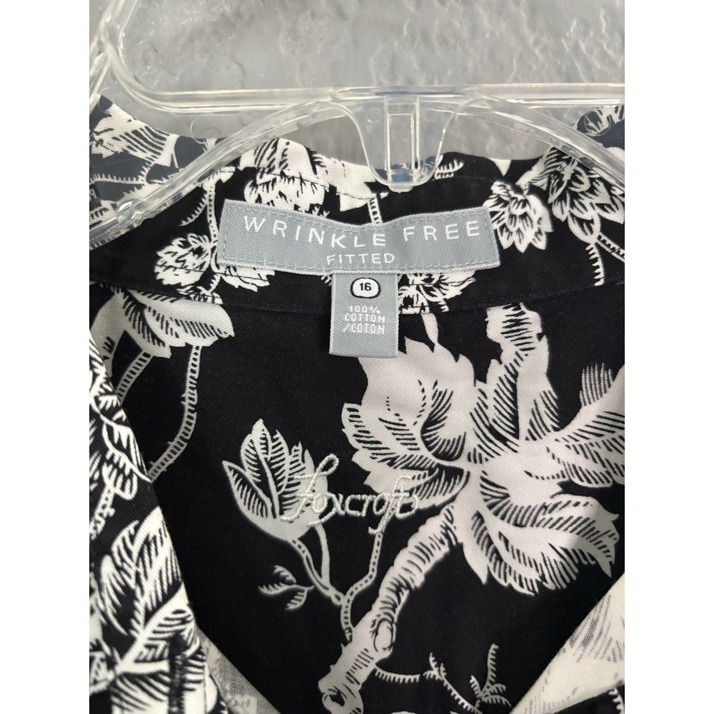 Foxcroft Wrinkle Free Fitted Shirt 16 Black White Floral Cotton Button Down - Picture 6 of 7